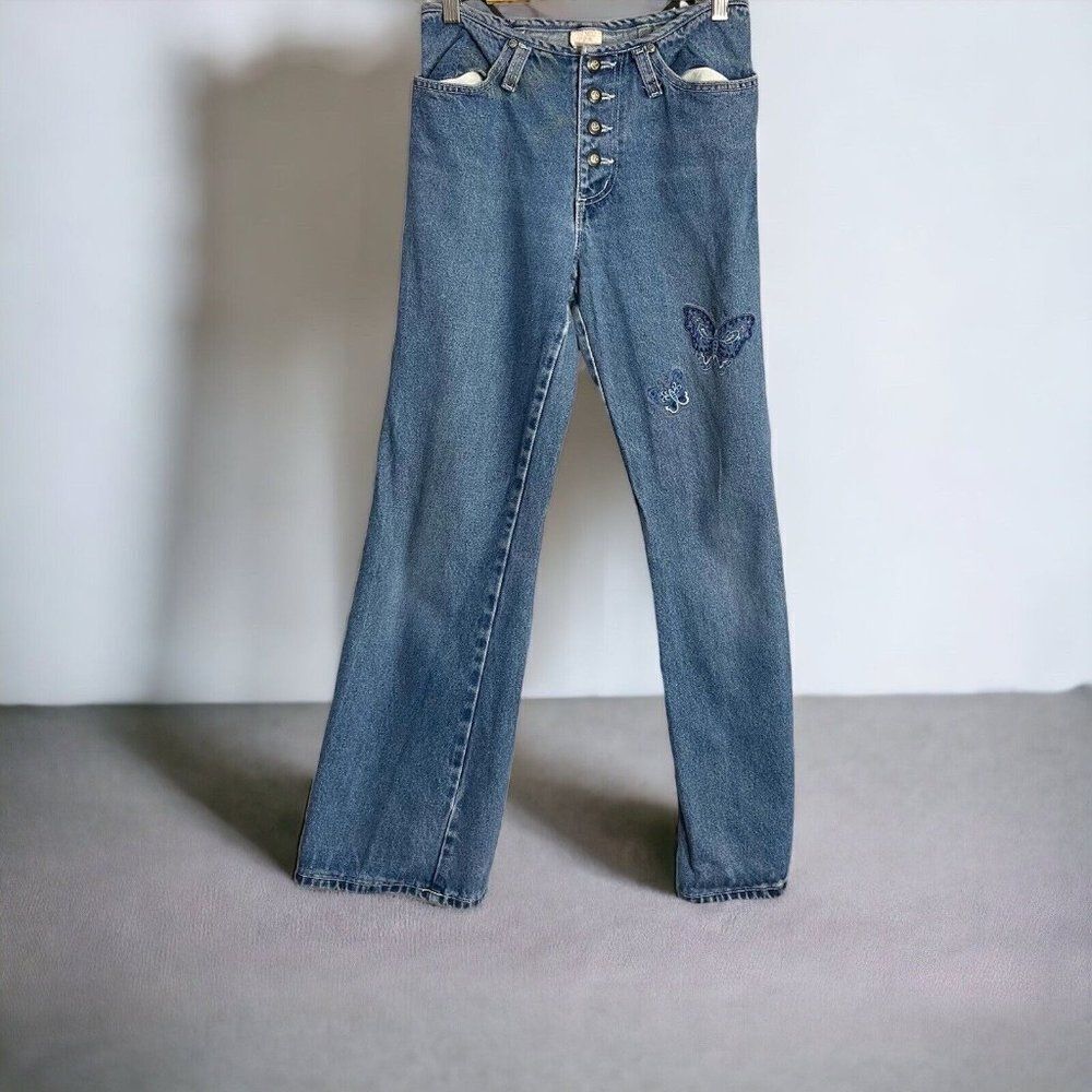 Vintage Second Generation Womens Blue Flared Jeans 7 Embroidered Button Fly Y2K